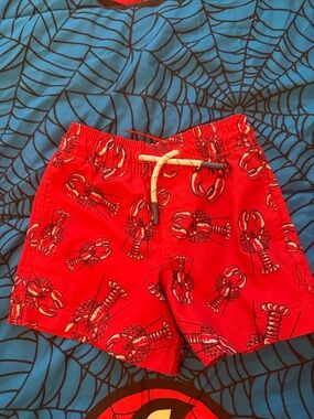 Kids Red Lobster Print Swim Shorts with Drawstring Waist